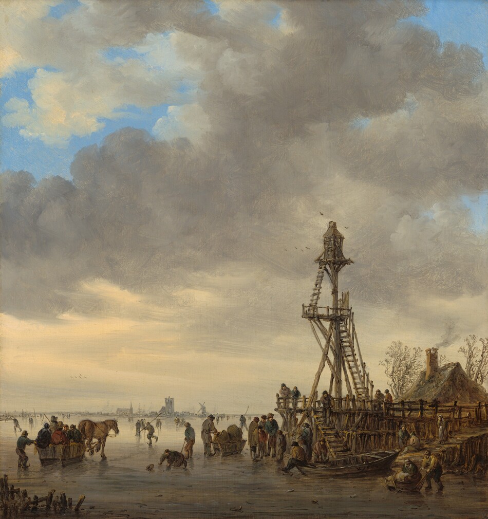 A band of gray ice spans the bottom quarter of this vertical landscape painting, where dozens of people stand, skate, ride in sledges, or cluster near a slender wooden tower, all beneath a vivid blue sky screened with towering gray clouds. We look slightly down onto the scene from a distance. The cloud bank is horizontally streaked with pale yellow light along the bottom, but swells into gray puffs that break apart in several places toward the top to reveal patches of blue sky. The people below wear heavy coats, hats, and trousers, mostly in muted slate blue, gray, and brown. Many have their backs to us. Closest to us and near the lower left corner of the painting, a rectangular wooden sledge on rail-like runners holds five or six passengers, and is pulled by a brown horse toward the center distance. Nearby, a man on his hands and knees scrambles for his fallen hat. A man holds a pole like a hockey stick behind him, looking into the distance where others stand or run with more sticks. Near the bottom center of the painting, a man pushes a sledge laden with two brown bundles. The largest group of people and children gather on and around a rickety wooden pier from which the tower rises, to our right of center. A lantern-like structure sits atop a narrow platform on a tall pole, at the top of the tower. One ladder leads up to a landing about two-thirds of the way up the pole, and another leads to the top. A house with a pitched roof and smoking chimney sits on the far side of the pier, between two bare trees with curling, twisting branches. Birds fly above the tower. The ice is dark gray closest to us, and it becomes paler as it recedes into the distance. People dot the ice singly and in small groups as far as the eye can see. Far away, the silhouettes of a church with a spire, the masts of two ships, a wide tower, and a windmill line the horizon. The artist signed the work with a monogram and a date as if painted on the boat in the lower right corner: “VG 1646.”