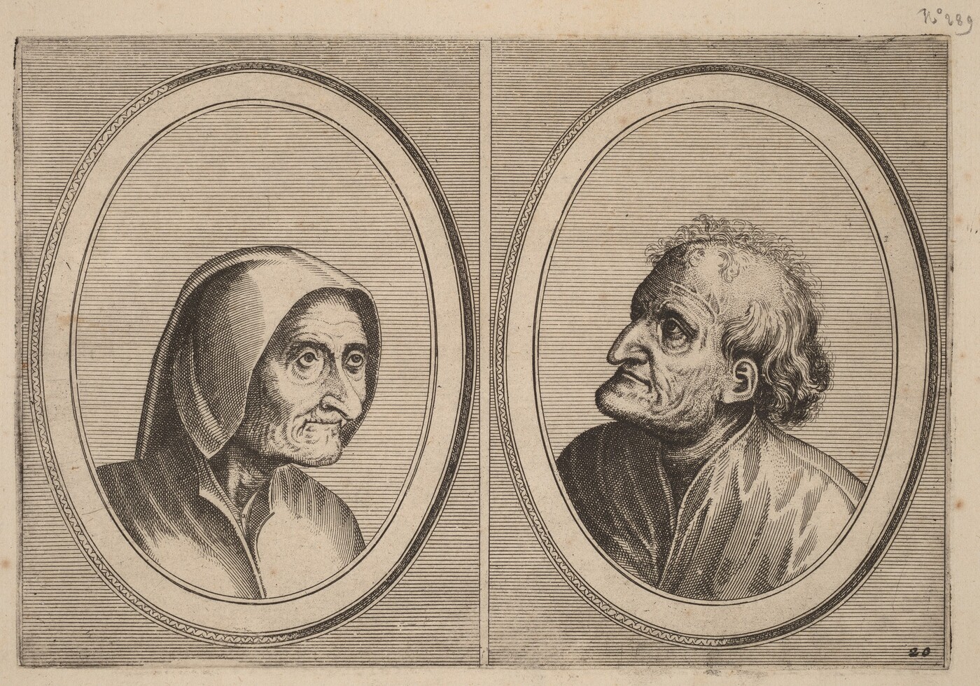 The image features two head-and-shoulders portraits of elderly individuals in oval frames. On the left, an older woman is seen in profile facing right, with her hair covered by a hood or loose fabric. On the right, an older man is depicted in profile facing left, with distinct facial features. Both are set against a lined background in an engraving style with fine details.