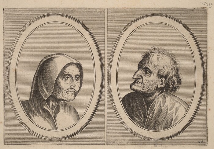 The image features two head-and-shoulders portraits of elderly individuals in oval frames. On the left, an older woman is seen in profile facing right, with her hair covered by a hood or loose fabric. On the right, an older man is depicted in profile facing left, with distinct facial features. Both are set against a lined background in an engraving style with fine details.