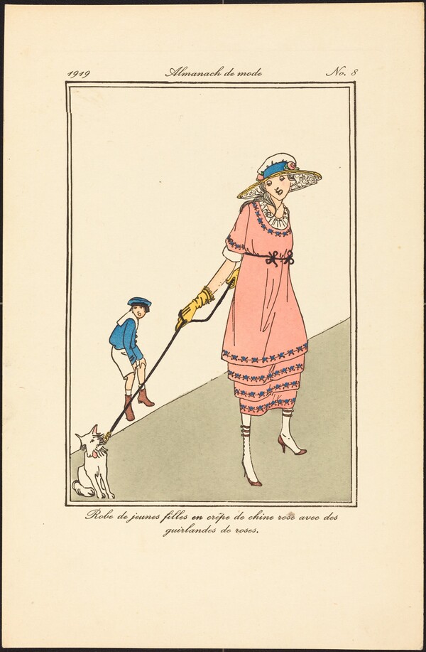 Robe de jeunes filles en crêpe de chine rose avec des guirlandes de roses.
