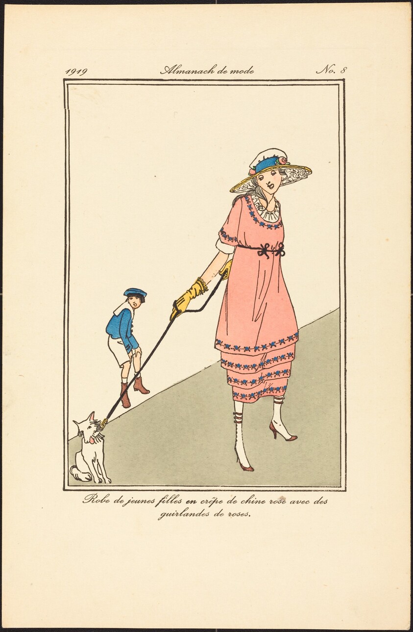 Robe de jeunes filles en crêpe de chine rose avec des guirlandes de roses.