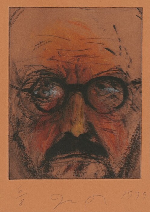 The image is a close-up portrait of a person with a focus on their eyes, nose, and mouth. The person is depicted in a frontal position, looking directly at the viewer. Their facial features are intense and expressive, with eyes partially covered by dark-framed glasses, thick eyebrows, a defined nose, a mustache, and stubbly beard. The hair is either receding or closely cropped. The portrait uses a mix of pencil or charcoal lines with splashes of warm-colored tones, such as orange and red, to create a textured and dramatic effect. The background is flat and undetailed, providing a neutral backdrop for the facial features.