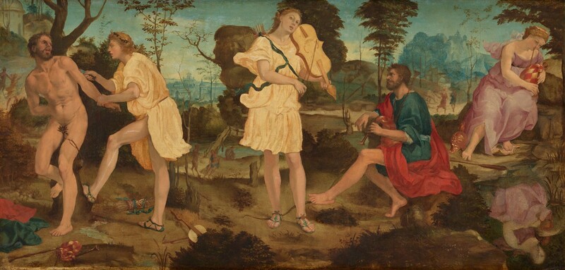 A young person with dark blond hair, wearing a knee-length, pale yellow toga, stands playing a violin-like instrument at the center of this long, horizontal landscape painting. A pair of people are to the left and another pair to the right. Most of the people have pale skin, and two of the men have slightly darker, tanned complexions. The person at the center, Apollo, nearly spans the height of the painting. He tips his head back and to our right, toward the instrument on his shoulder, and he looks at us with dark eyes, lips parted. With his other hand, he holds a bow to the instrument’s strings. A dark green wreath of leaves encircles his long hair, and a quiver of arrows is tied with a pine-green ribbon across his chest. His legs are bare, and he wears sandals. An archer’s bow lies on the dirt ground behind his feet. To our right, a man with a dark beard and hair, Marsyas, sits on a rock playing a bagpipe. He faces our left in profile, looking up at Apollo, and he wears a red robe over a royal-blue tunic. Behind him and to our right, near the edge of the panel, a blond woman wearing a rose-pink dress also plays a bagpipe as she looks down onto her reflection in a pool below, in the lower right corner of the composition. Her left foot rests on a white and gold shield, and a golden helmet sits next to her other foot. Marsyas and Apollo appear again as a pair to our left. Marsyas is now nude and tied to a tree, his body facing us, near the left edge of the panel. His mouth is open and he looks toward Apollo, who approaches from our right. Apollo grabs Marsyas’s left wrist, on our right, and holds a knife to the nude man’s upper arm. The set of bagpipes, the quiver of arrows, Marsyas’s clothing, and Apollo’s instrument are strewn on the ground around the men’s feet. The scenes take place in a rocky landscape with dark green shrubs along the bottom edge of the composition and behind the people. A river runs across the land beyond, and people walk along dirt roads in the distance. Trees, craggy cliffs, and a town in the deep distance are painted with icy blue under a blue sky.