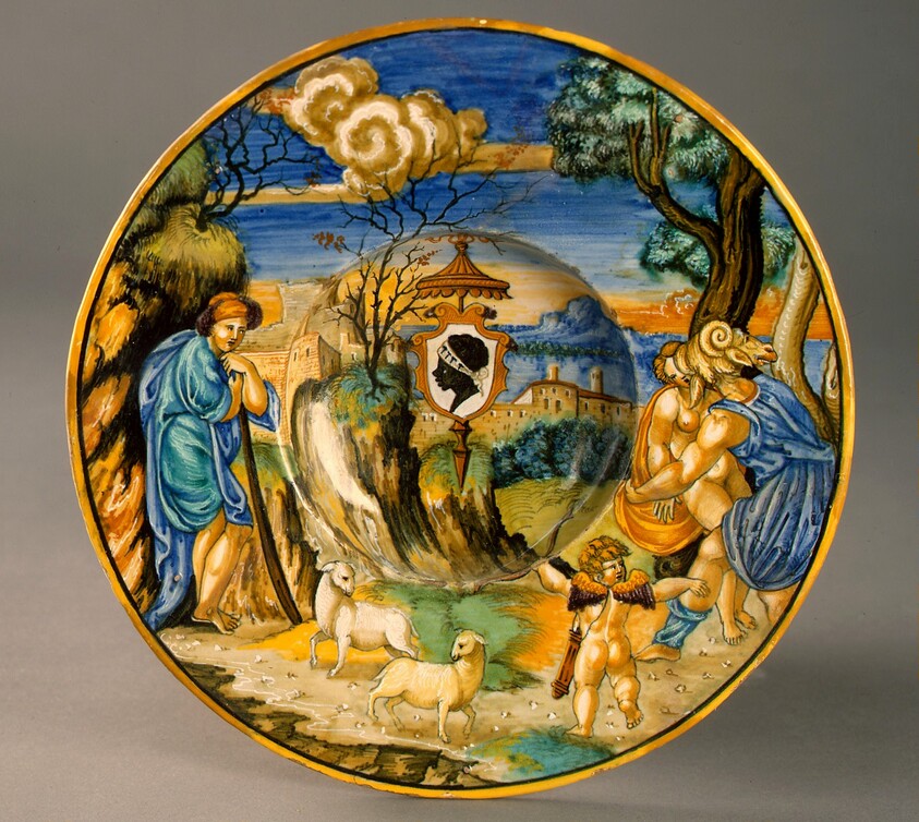 Broad-rimmed bowl with Neptune raping Theophane; arms of Pucci with an "ombrellino"