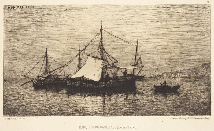 The image shows sailboats on a body of water. Two larger boats are in the center, with intricate masts and sails against the sky. A smaller boat with a lone rower is closer and more detailed. The artwork features fine etching with delicate lines, creating texture in the water and sky. The color palette is primarily black, white, and sepia. Faint coastal buildings and cliffs are seen in the distance.