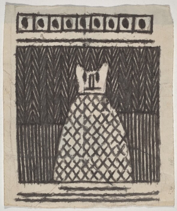The image features bold, thick-lined geometric shapes and patterns. There is a prominent central shape against a densely patterned background. The composition includes a top row of black circles within squares. Below that, there are zigzag and vertical striped patterns creating a textured surface around an abstract figure. The central shape has a lattice-like pattern resembling a decorative fabric or woven basket. Thin horizontal lines frame the abstract elements within.