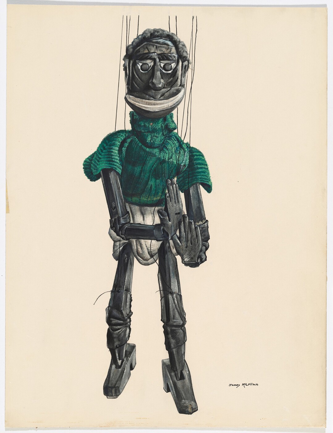 This is a painting of a marionette puppet. The artwork shows a detailed marionette puppet with a large head, exaggerated facial features, and a neutral expression. The puppet wears a green textured sweater and is suspended by strings. Its limbs are jointed and crafted to resemble wood, with carved details. The background is a plain, light-colored canvas that emphasizes the puppet as the central subject.