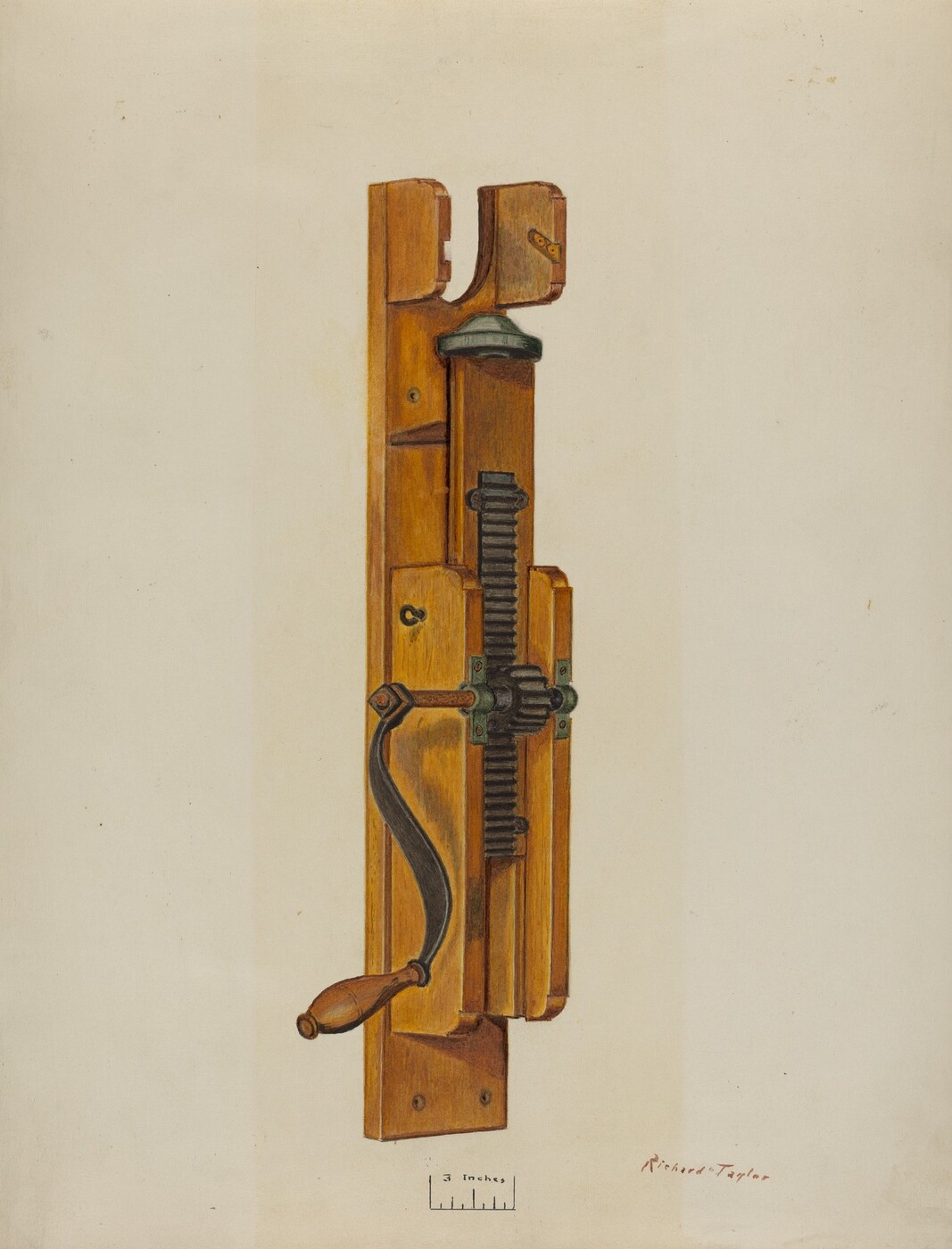 The image shows a large wooden mechanical device with a vertical structure and a central rack and pinion system. The handle is on the left side, extending outward with a wooden grip. The color palette is primarily brown wood, with metallic gray and green components in the mechanical parts. The device is set against a plain light beige background.