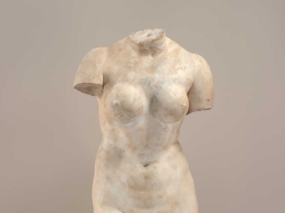 A female torso from the neck to the shoulders and knees is carved from white marble in this freestanding sculpture. The body is square toward us in this photograph. The neck is jagged where the head has broken off, and the arms are missing below the shoulders. The leg on our right is broken off above the knee and the other below the knee. Firm, round breasts are above a soft belly and smooth groin. Some areas of the surface are smooth and others are rough, and the marble has darkened to tan in places. The sculpture is supported by a metal rod on our right, and the work rests on a square base. The wall behind is light gray.