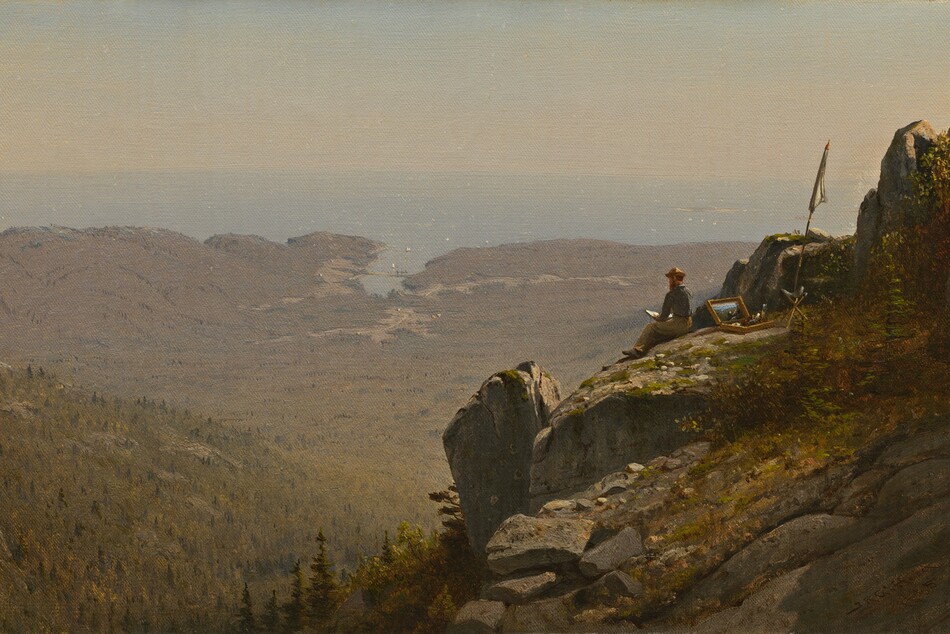 A man sits on a sheer, rocky outcropping high above a sunlit expanse of land that stretches to meet a sun-dappled sea in this horizontal painting. The outcropping slopes in to fill the right half of the composition, and is partially carpeted by mustard-yellow, brown, and moss-green growth. Bright sunlight from the upper right glints off some of the craggy, steel-gray rock faces. The man is tiny in scale within the composition, and sits near the top right with his legs stretched out in front of him. He wears a denim-blue shirt, tan pants, and soft hat with a narrow brim. He appears to have red hair and a beard. He holds a white object in front of him, presumably paper or a notebook. Behind him an open box of paints and brushes sits near a camp stool with a closed white parasol planted next to it. A lower hill in the middle distance slopes in from the left side and disappears behind the outcroppingin the center of the composition. The hill is covered with muted and dark greens and yellows, suggesting a forest of pine trees. The hill descends to meet the flat, mauve-tinted land, which is crisscrossed with shallow fissures. In the distance, the area where the narrow band of powder-blue sea meets the sky, about three-quarters of the way up the canvas, is painted with a tan-colored haze. The artist signed the work in the lower right as if he had carved his name and the date into the rock. It reads, “S R Gifford 1865.”