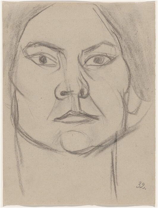 The image is a close-up sketch of a person's face, showing the head and partial neck, focusing on the facial features. The pencil outlines display a broad forehead, thick eyebrows, wide eyes, a defined nose, and a firm mouth with full lips. The sketch suggests the shoulder-length hair is parted in the middle. The person is facing directly forward, providing a symmetrical view of the facial features. There are no visible clothing, jewelry, or objects in the sketch. The background is plain.