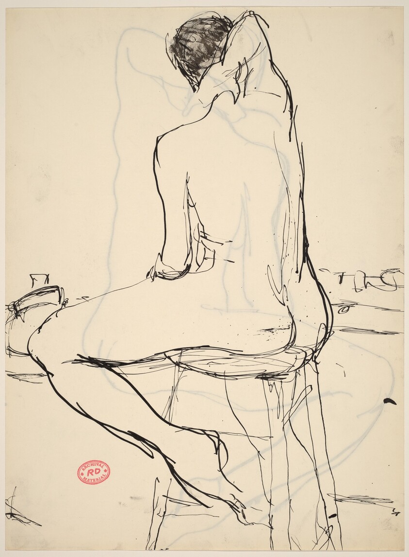 Untitled [nude seated on a stool with her right arm over her head] [recto]
