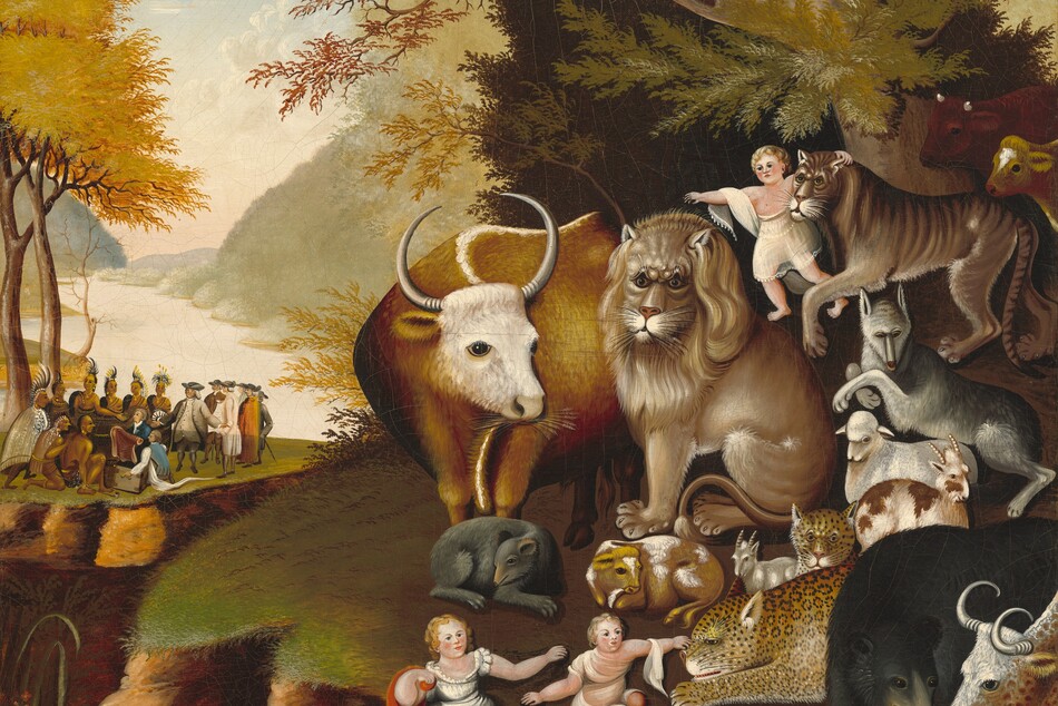 Three small children with pale pink skin sit and stand among a group of animals to our right as a group of eight indigenous people with light brown skin gather with eight white-skinned men near a riverbank in the distance to our left in this horizontal painting. The children and animals take up the right two-thirds of the composition. They gather on a flat-topped spit of land, which is covered in grass. All three children have blond hair and rounded features. Two sit on the ground at the bottom center of the painting. The largest animal is a caramel-brown bull, which stands next to a pale golden lion. The other animals are smaller in scale, and include a tiger, wolf, sheep, goats, cows, bears, and a jaguar, all sitting or standing at rest around the bull and lion. At the top center of the group of animals, one child stands over the lion’s back and has one arm around the tiger’s shoulders, and another child at the lower center touches the jaguar’s nose. A tree with olive-green, rust-red, and harvest-yellow leaves grows up the right edge of the canvas, in front of a tall, forest-green bush. On another spit of flat-topped, elevated grassy land to our left, six of the indigenous people stand in a row, wearing feathered headdresses. Two more kneel in front, creating a U-shape. The two in front wear loin cloths, and all eight wear gold earrings and necklaces. They face a gathering of eight men wearing tricorn hats, long coats, waistcoats, knee-length britches, and stockings in shades of gray, blue, white, brown, and orange. One of these men hold up a roll of cloth lifted out of a chest. Trees with spindly trunks and golden yellow canopies reach into the top corner of the painting along the left edge. The river extends into the distance beyond this group, with pale, sage-green hills carpeted in trees. Puffy white clouds float across a sky that deepens from pale shell pink along the horizon to light blue along the top. The features of the animals and children are painted simply and appear rather flat, giving them an almost cartoonish look.