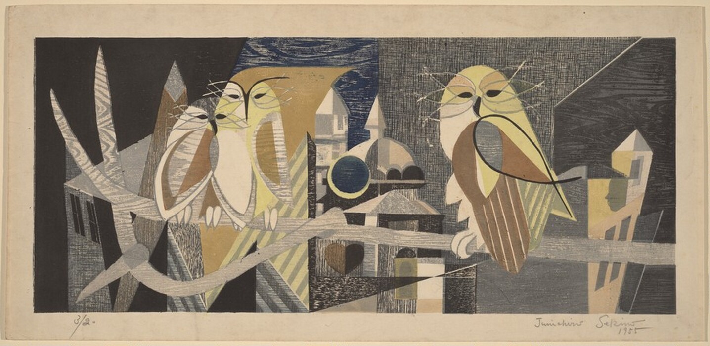 This abstract composition features angular shapes and curved lines forming four owl-like figures perched on branch-like structures. The open shapes resemble eyes and beaks. The background consists of triangles and rectangles that suggest a cityscape under a night sky. The artwork blends sharp lines and muted tones.