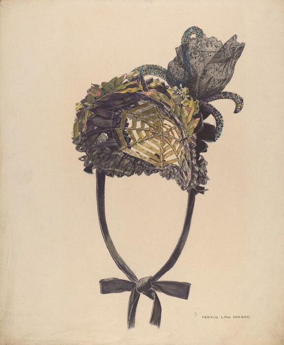 The image displays an ornate hat with intricate floral, ribbon details, and a lace flower on one side. The color palette includes earthy tones of brown, green, and hints of blue. The hat is centered on a neutral background, with ribbons hanging symmetrically.