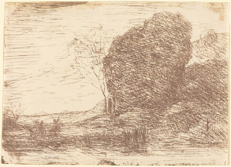 The image shows a landscape with a low horizon and a wide section of sky at the top. The horizon line blends into the environment with hints of hills or vegetation. Detailed etched lines create a textured effect, especially on the foliage on the right side. The color palette is monochrome, using sepia or dark brown ink on a light background. The image includes thin lines indicating grass or low vegetation in the foreground and softly rising and falling land with sparse trees in the distance.