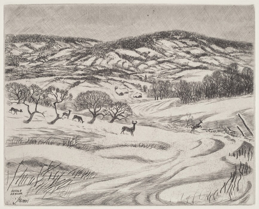 The image shows a landscape with snow-covered hills rolling in the distance, scattered with trees. The brushstrokes are fine and detailed, defining the textures of the snow, trees, and animals. The color palette is monochrome, in black and white. In the foreground, there are deer on the snowy ground surrounded by leafless trees, with more trees scattered across the landscape leading to small clusters of buildings nestled in valleys. The hills in the distance are densely covered with lines, suggesting a mix of wooded and open areas against the sky.
