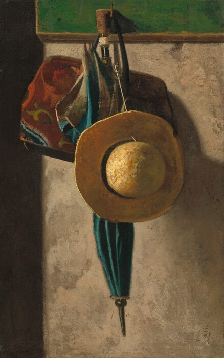 A wide-brimmed straw hat, teal-green umbrella, and rust-brown satchel hang from a nail at the center of this vertical, still-life painting. The nail is driven into a clover-green plank across the top of the picture, perhaps representing molding on the wall otherwise mottled with beige and ash brown. The short black handle of the floral-patterned bag is looped over the nail. The long umbrella has a wood, knob-like handle and is edged around the limp, collapsed edge with parchment white. It is not clear how the umbrella is affixed to the bag or nail, but the hat hangs from a string looped around one the umbrella ribs. The arrangement is lit sharply from the left so deep shadows are cast on the wall to the right. The wall or column ends near the left edge of the painting, and a black strip there could be a view into a shadowy room beyond.