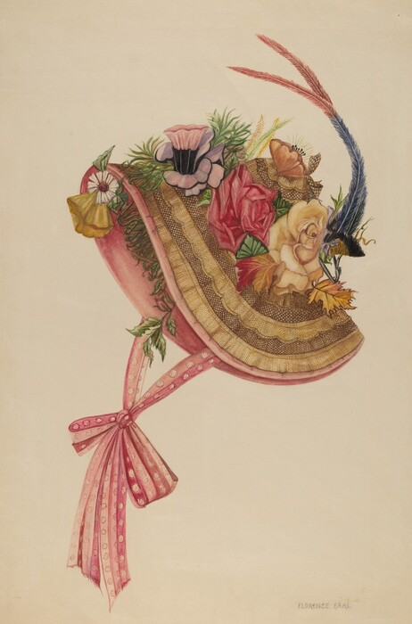 The image shows a decorative bonnet with colorful flowers and feathers. It is pink with a wide striped brim, a large pink ribbon bow, and shades of pink, yellow, red, blue, and green. The bonnet is adorned with floral and feather decorations, with ribbons hanging down to the bottom left.