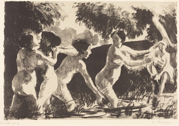 The image shows four figures and a background of dense foliage. The figures are in motion and appear to interact with each other. They appear to be standing in shallow water. The facial features are lightly sketched and the figures are undressed. One additional figure is seated on the ground to the right. The background consists of trees and leaves depicted in an impressionistic style, with sunlight filtering through.
