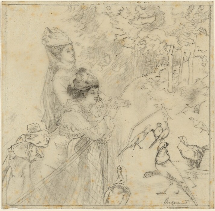The image shows two women in a partial side profile extending from the waist up. They are standing close together with one directly behind the other, both facing towards the right side of the frame, engaged in observing birds. The woman in the foreground has detailed facial features with a straight nose and distinct lips, and her hair is styled high, possibly with a hat or a lace headpiece on top. She is wearing a garment with voluminous, ruffled sleeves and elaborate detailing. The woman slightly behind her has similar styled features, wearing a headdress that drapes down her shoulders. The surrounding environment is depicted as a natural setting, with varied bird species on the ground, and trees in the background, suggesting a peaceful outdoor scene. The sketch is rendered in delicate pencil lines, giving a sense of texture and depth to the clothing and the background foliage.