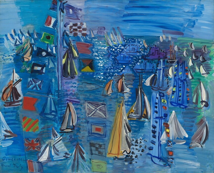 Abstracted sailboats are painted with triangles, squares, stripes, and streaks of mustard yellow, crimson red, mint green, black, and white against a field of vivid cobalt blue, which is the dominant color in this nearly square painting. The water is painted mostly with straight, parallel, horizontal strokes. V and W-shaped squiggles near the top center suggest sunlight glinting off the water at the horizon line, which comes about four-fifths of the way up the canvas. The sky is painted with longer horizontal strokes in shades of cobalt and baby blue. A triangular area of aqua along the right edge of the canvas could be shallow water or land. A double row of colorful square and rectangular nautical flags rise vertically up either side of a mast to left of center. Each is different: for instance, one has green and red stripes, another black and white checkers, while another is crossed with the Union Jack of the United Kingdom. White sails and other flags fill the water across the composition. The artist signed and dated the painting, along with the location, in the lower left corner: "Cowes 1934 Raoul Dufy."