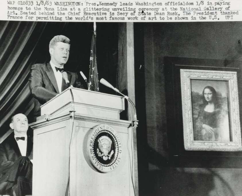 Title from caption on object: “President Kennedy Leads Washington Officialdom 1/8 in Paying Homage to the Mona Lisa at the Glittering Unveiling Ceremony at the National Gallery of Art...”