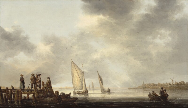 We look across a body of calm water onto a wooden pier, rowboats, sailboats, and a town on the distant shore, all beneath a cloudy sky that takes up the top three-quarters of this horizontal landscape. The pier extends into the scene from the left edge, and stretches about a quarter of the way across the painting’s width. Three men and a woman, all with light skin, stand in a group near a fourth man, who sits on a piling at the front corner. They all wear charcoal-gray, muted blue, or fawn-brown clothing and hats. A rifle leans against the hip of one man, and another man looks out at the water, his back turned to the rest of the group. Three small boats are tied to the end of the dock. The one closest to us holds large containers, perhaps wrapped with rope. A fifth man bends over the far edge of the boat farthest from us. In another rowboat to our right, a man stands, another sits, and a third pulls on the oars. Four sailboats float into the distance down the center of the composition. To our right, the town along the far shore has closely spaced buildings with peaked roofs, a windmill, and a tall steeple, all painted with tones of peanut brown and tan. Light falls across the water from our left, casting the area closest to us in deep shadow. The surface of water is painted with tones of ivory and gray, matching the sky above. Light filters and streaks through ash-gray clouds across most of the sky. The clouds part to reveal a patch of pale blue at the upper left corner.
