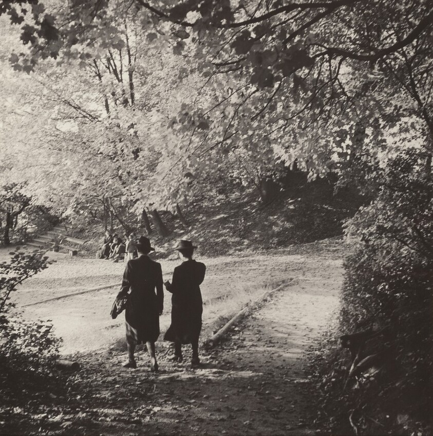 Two women walking in park