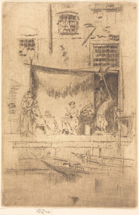 This is a drawing of a riverside scene. The etching shows a group of figures outside a rustic building with multiple small windows. A canopy or cloth is draped above them. Some figures are seated, while another figure is standing to the side. Below, there is a body of water with a small boat or dock visible, adding a serene atmosphere to the scene. The line work is delicate and light, emphasizing texture and capturing an everyday moment.