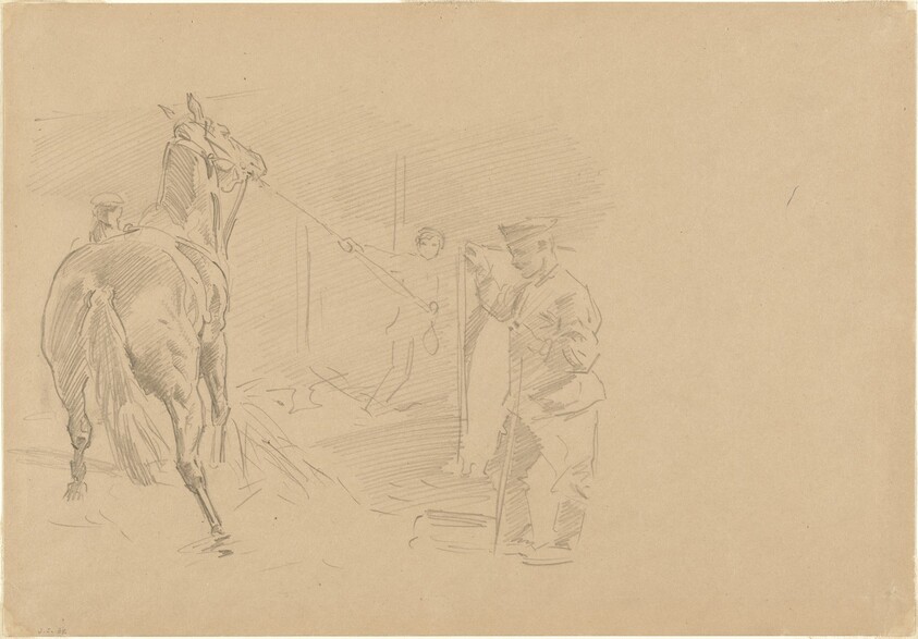 Man Pulling a Horse into a Stall