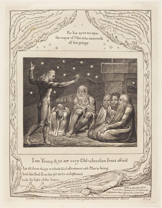 This is a painting of a group gathered under a starry sky. The image depicts a standing figure, pointing upward toward an open sky dotted with stars, surrounded by seated figures in various poses. The central focus is on the interaction between the standing figure and the seated group. The figures are detailed and accompanied by text with poetic and biblical references. The painting is in the style of William Blake, featuring his fusion of visual art and poetic text as well as his themes of spiritual and existential reflection. The surrounding border includes artistically rendered text panels.