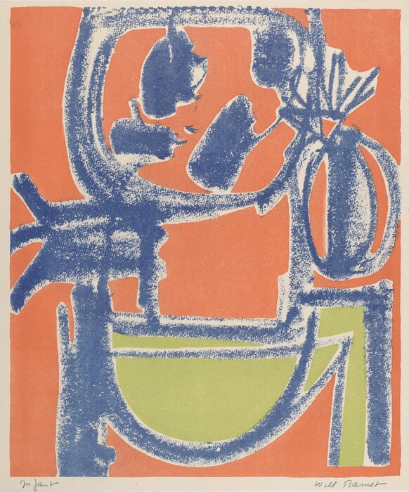 The image displays bold textured lines and shapes in vivid blue on a terracotta background with a section of soft green. The abstract composition includes curved and angular elements. The blue lines create a square or frame-like structure.