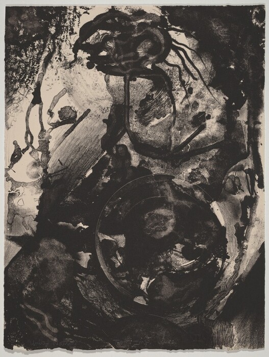 The image shows swirling shapes and bold lines forming an abstract composition resembling a chaotic storm. Dark, inky smudges mix with textured circular forms, bringing to mind tangled vines or twisting roots. The dense overlay of brushstrokes creates a whirlwind effect, suggesting dynamic motion like turbulent waves against a rocky shore.