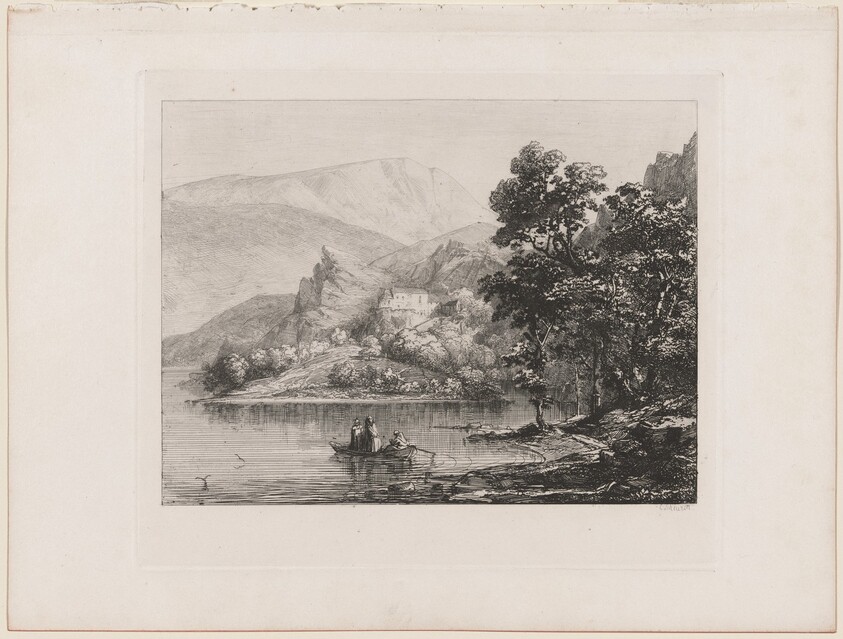 Mountain Lake with Monks in a Boat