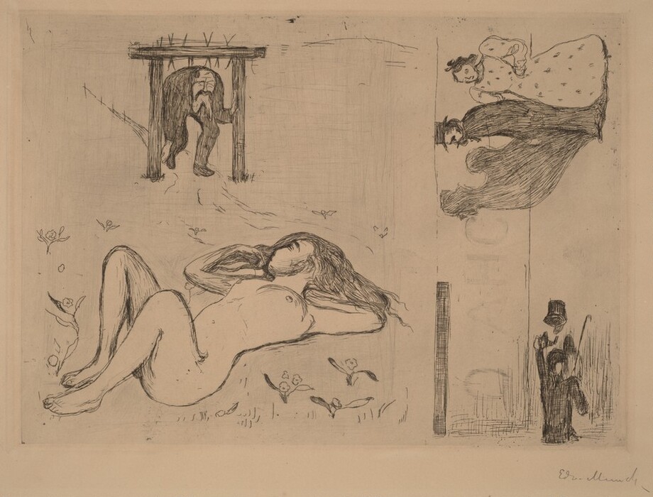 The image depicts abstract lines and shapes forming various figures. In the center is a reclining form resembling a nude human figure surrounded by abstract floral designs. In the top left, a shape resembles a person beneath a rectangular structure. On the right, two figures in flowing garments seem to be in conversation. At the bottom right, a smaller abstract form with vertical lines could resemble a figure or part of a structure.