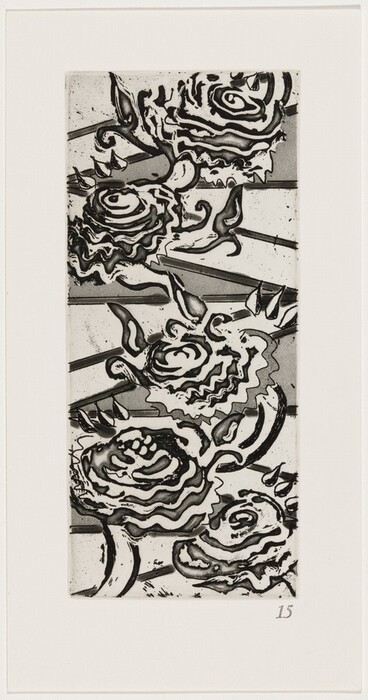 The image features swirling, wavy lines and shapes across the vertical plane, forming an abstract composition. The shapes resemble roses in bloom with layered petals and sinuous leaves, reminiscent of a floral pattern. The bold outlines and contrasted shading add depth and texture, evoking the look of a dense, yet vibrant garden captured in monochrome.