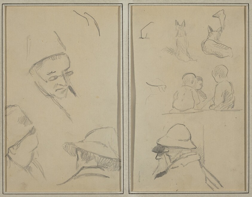 Three Studies of Men's Heads, One with Spectacles; Dogs, Children, and Two Bearded Men in Profile [verso]