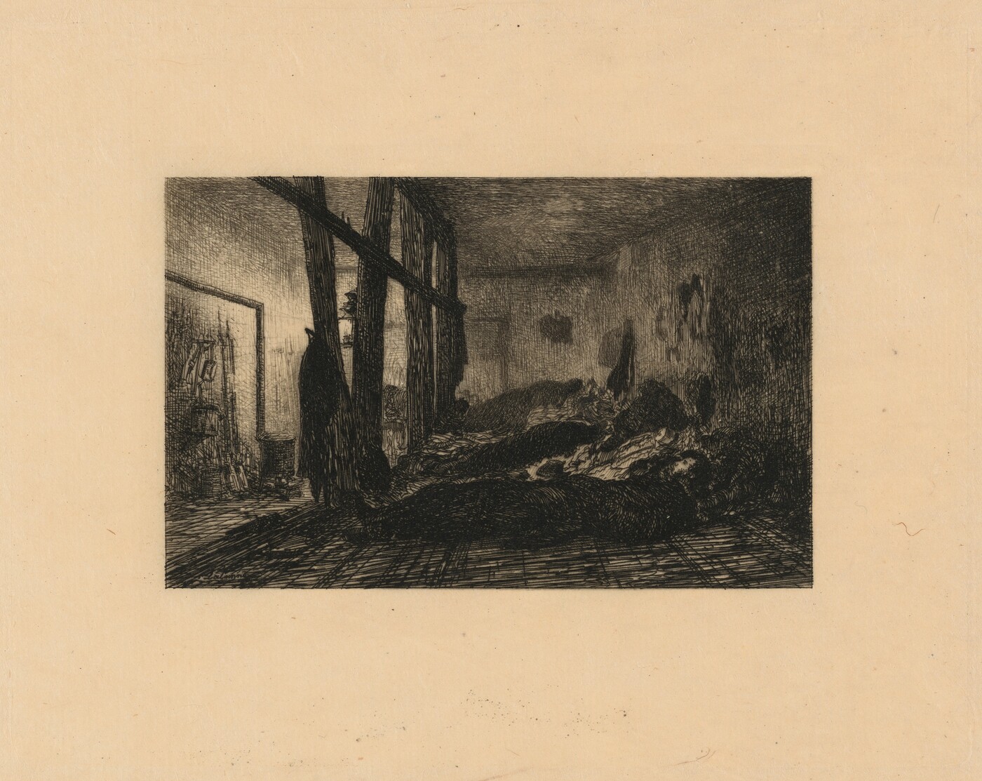 This is a drawing of a dimly lit interior space with several humanoid forms. The room depicted has an elongated perspective, and shadows dominate the composition. The walls and floorboards are meticulously rendered with fine lines. The right side of the room suggests a collection of thoughts or ideas made visible, while the large dark masses near the center may indicate resting or sleeping shapes. The left edge has a tall structure resembling a window or door, casting light across the room. The artwork's use of shading and cross-hatching creates a deep contrast, emphasizing the room's moody atmosphere.