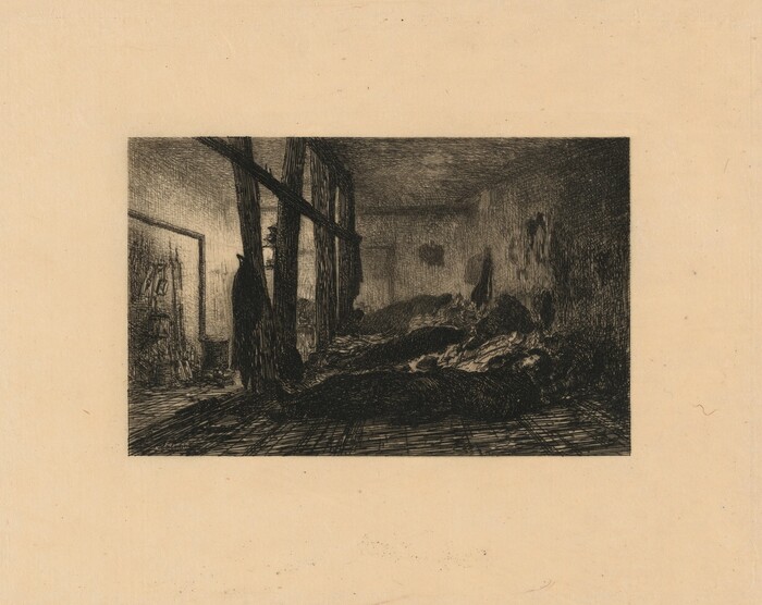 This is a drawing of a dimly lit interior space with several humanoid forms. The room depicted has an elongated perspective, and shadows dominate the composition. The walls and floorboards are meticulously rendered with fine lines. The right side of the room suggests a collection of thoughts or ideas made visible, while the large dark masses near the center may indicate resting or sleeping shapes. The left edge has a tall structure resembling a window or door, casting light across the room. The artwork's use of shading and cross-hatching creates a deep contrast, emphasizing the room's moody atmosphere.
