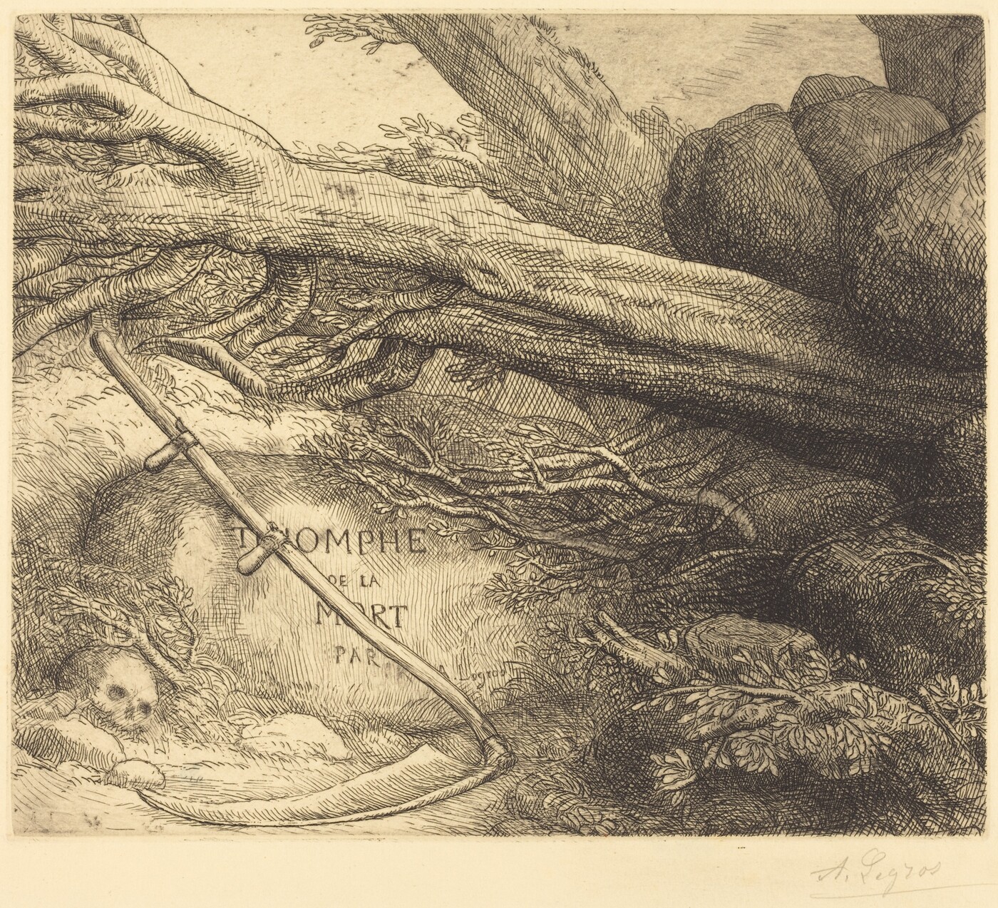 The image shows a stone with the words "TRIOMPHE DE LA MORT" partially obscured by branches and foliage. The composition is close-up, focusing on details. The etching style uses fine lines and cross-hatching for texture. The color palette is monochrome in shades of sepia or brown. A scythe and a skull are depicted. The scene suggests a dense natural environment with layers of texture.