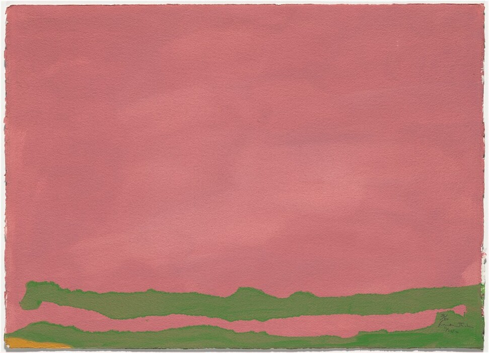 The image features a composition with a large area of muted pink, two horizontal green lines near the bottom, and a narrow stripe of yellow at the bottom left corner.