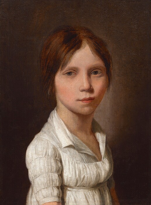 Shown from the waist up and in front of a dark background, a pale-skinned girl looks over her shoulder at us in this vertical portrait panting. She has wide-set hazel eyes under curved brows, a delicate nose, flushed cheeks, and her narrow, pink lips are closed over a pointed chin. Her brown hair falls in bangs to either side of her forehead and is otherwise pulled back. Her body is angled to our right almost in profile. Her white garment has a low neckline, high waist, and short, ruched sleeves. White fabric tucked into the neckline opens out to each side like a collar. The shadowy brown background behind her glows a little brighter around her head and neck.