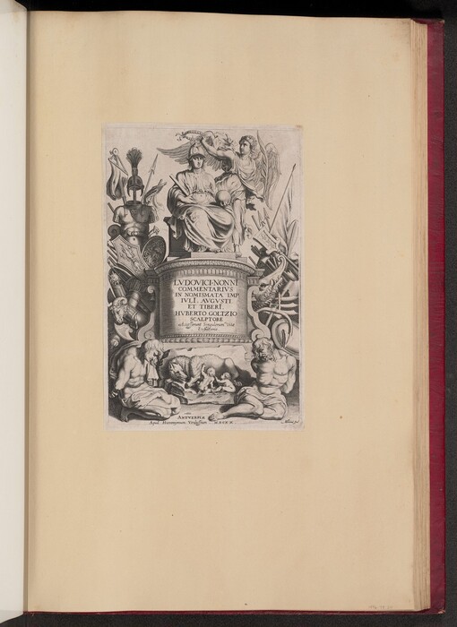 This is a drawing of a classical allegorical scene. The drawing features a central figure holding a globe and wearing an elaborate helmet. This figure is flanked by an angelic form. Surrounding these figures are classical armor, including spears and shields. Below them, two muscular figures recline with draped fabric, set against a backdrop of classical elements. An inscription is present at the base. The overall style is highly detailed and indicative of the classical Renaissance or Baroque periods, focused on themes of mythology and symbolism.
