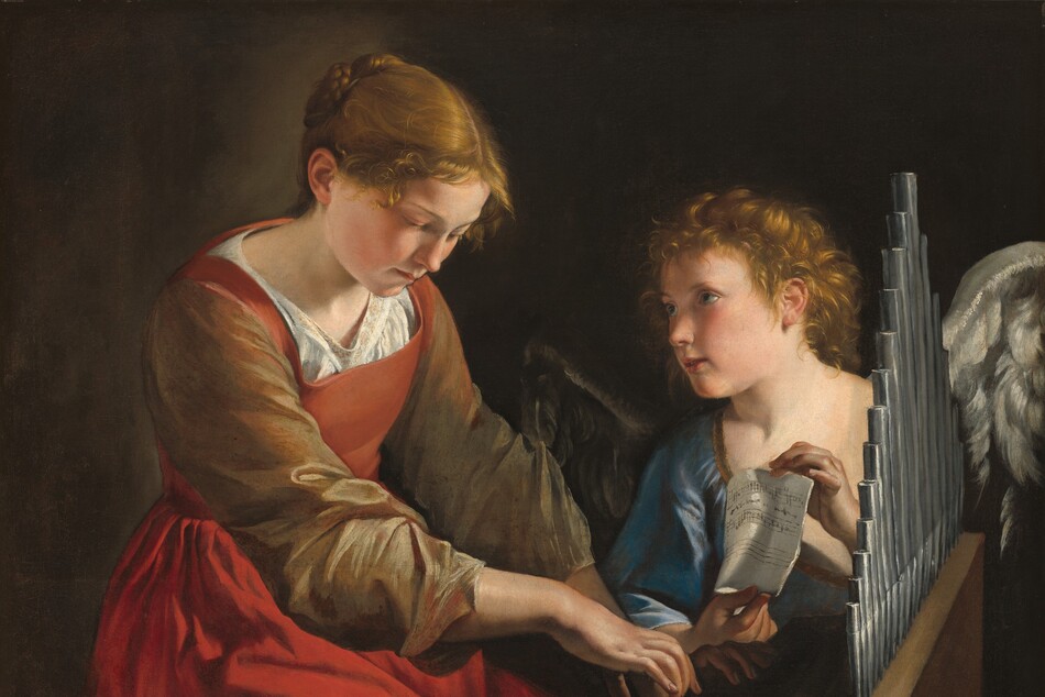 A young woman plays a small pipe organ while a winged angel holds up a piece of sheet music in this horizontal painting. A strong light source illuminates the scene from our right, creating deep shadows in the dark background. Both the woman and angel have pale skin, flushed cheeks, and light brown hair. Shown from the knees up and taking up the left half of the painting, the woman’s body is angled to our right as she sits at the organ, which is near the right edge of the composition. Her hair is pulled back into a braid, and wisps fall on her forehead. Her skin is smooth, and her head tilts down toward the organ. Her cherry-red dress has a squared neckline and olive-green sleeves over a white shirt. The voluminous sleeves are pushed back over her forearms as she rests her fingertips on the keys of the organ. Gazing toward the woman, the angel has short, curly hair, silvery gray wings, and wears a topaz-blue garment. Two lines of music on the paper the angel holds have notes written in and one staff is empty. The small organ is angled away from us so we see one narrow end and the row of low pipes along its back. The dark brown background lightens behind the young woman’s head.