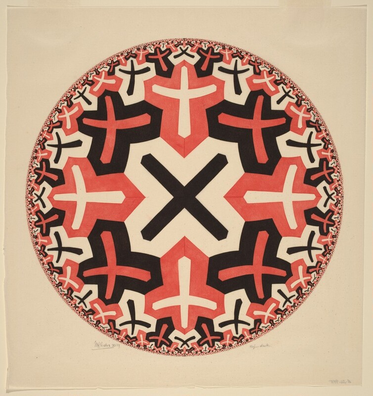 A red, black, and white circular design is printed on slightly yellowed paper in this square woodcut. A black X at the center of the design is bordered in the white of the paper. It is surrounded by a ring of smaller Xes or crosses, depending on their orientation. Those alternate with white surrounded by red or red surrounded by black. Rings of ever-smaller X shapes radiate outward to the perimeter, which seems to stretch back into infinity. The repetition of these shapes creates a tessellated effect, resembling a kaleidoscope pattern. At the lower left, beneath the circle, is the pencil signature "MC Escher III-'59." Another pencil inscription is to the lower right under the circle, and a number written on the back of the bottom right corner of the sheet shows through.