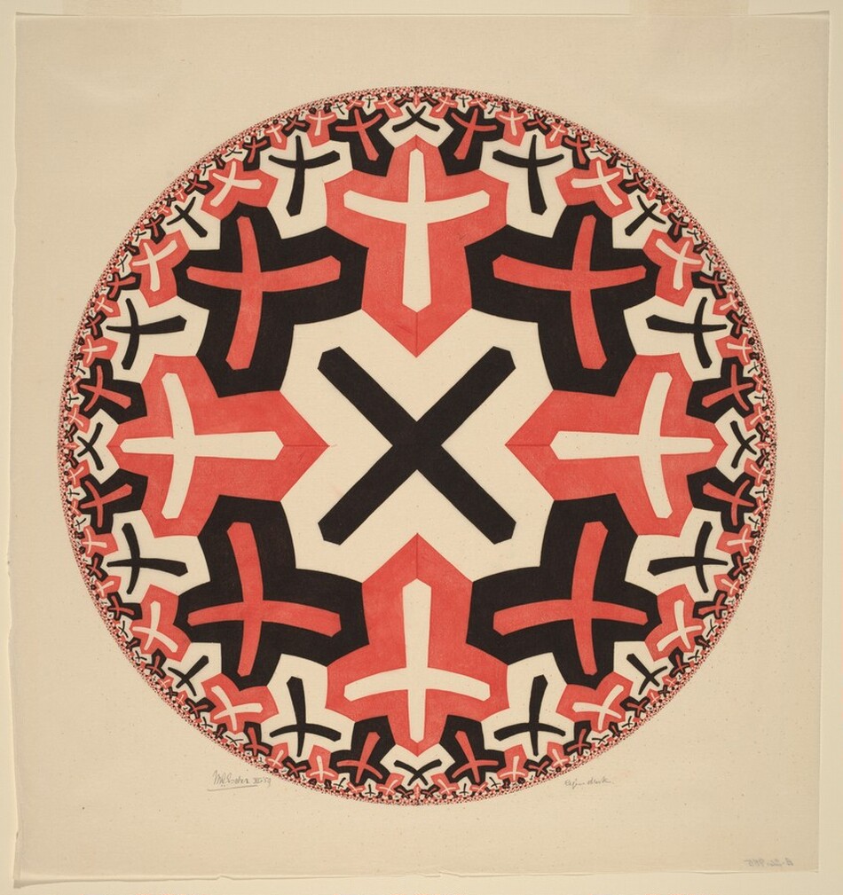 A red, black, and white circular design is printed on slightly yellowed paper in this square woodcut. A black X at the center of the design is bordered in the white of the paper. It is surrounded by a ring of smaller Xes or crosses, depending on their orientation. Those alternate with white surrounded by red or red surrounded by black. Rings of ever-smaller X shapes radiate outward to the perimeter, which seems to stretch back into infinity. The repetition of these shapes creates a tessellated effect, resembling a kaleidoscope pattern. At the lower left, beneath the circle, is the pencil signature "MC Escher III-'59." Another pencil inscription is to the lower right under the circle, and a number written on the back of the bottom right corner of the sheet shows through.