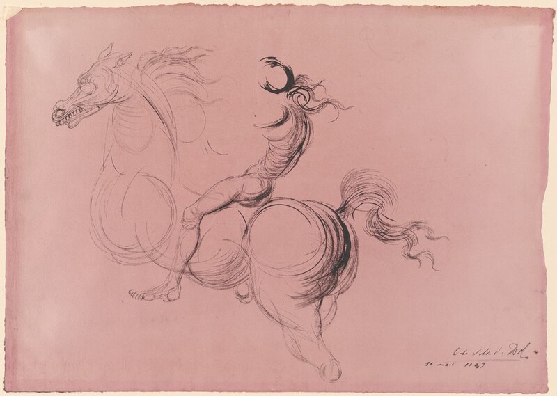 Drawn with curving lines in black ink, a muscular nude person sits astride a rearing horse in this sketch on pink paper. The horse and rider are shown facing our left in profile. The horse’s head, neck, mane, body, and torso are drawn. The front legs are missing as is the hind leg below the knee. A long row of teeth stretches back along the animal’s jaw, and the eye facing us is a skeletal hole. The person riding the horse is missing the arms and face. Their torso leans back as one muscular leg and bare foot sits astride the animal. The person’s hair and the horse’s mane and tail are drawn with curling, nested lines. The artist signed and dated the lower right corner of the sheet, “Salvador Dali 19 mai 1937.”
