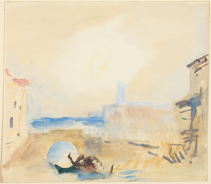 The image depicts a landscape viewed from above. The horizon is in the middle of the canvas, with water stretching across. Faint architectural forms suggesting buildings are visible on the left and right edges. The brushwork is soft and fluid, creating an ethereal quality. The color palette includes light blues, sandy beiges, and darker tones for detail. The watercolor technique gives a transparent, delicate appearance to the scene.