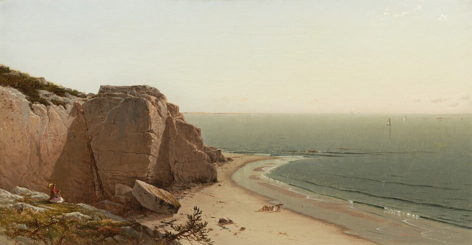 Slightly below us and at a distance, water gently laps at sandy beach that curves alongside massive, craggy outcroppings in this panoramic horizontal landscape painting. Scrubby grass and low-slung trees dot an area of gray rocks in the lower left corner of the painting. A vivid yellow and black insect lands on a nearly horizontal tree trunk close to us, and two women sit and stand on the rocks farther out. One wears a red shirt and holds a narrow yellow parasol, and the other wears a lilac-purple, full-skirted dress and a yellow cap. The outcroppings rise vertically just beyond the women. Dark green plants grow along a ridge to the left. The remains of logs or beams and perhaps cloth is near the breaking surf of the beach, at the bottom center of the painting. The beach curves in a C-shape and then turns back to create a point just beyond the outcroppings. The white sails of a few boats sit on the slate-blue water, which reaches back to the hazy horizon, which is about halfway up the composition. A few spots of bright white or gray clouds dot the otherwise washed out, ivory-white sky above. The artist signed and dated the lower left corner, “A.T. Bricher 1873.”
